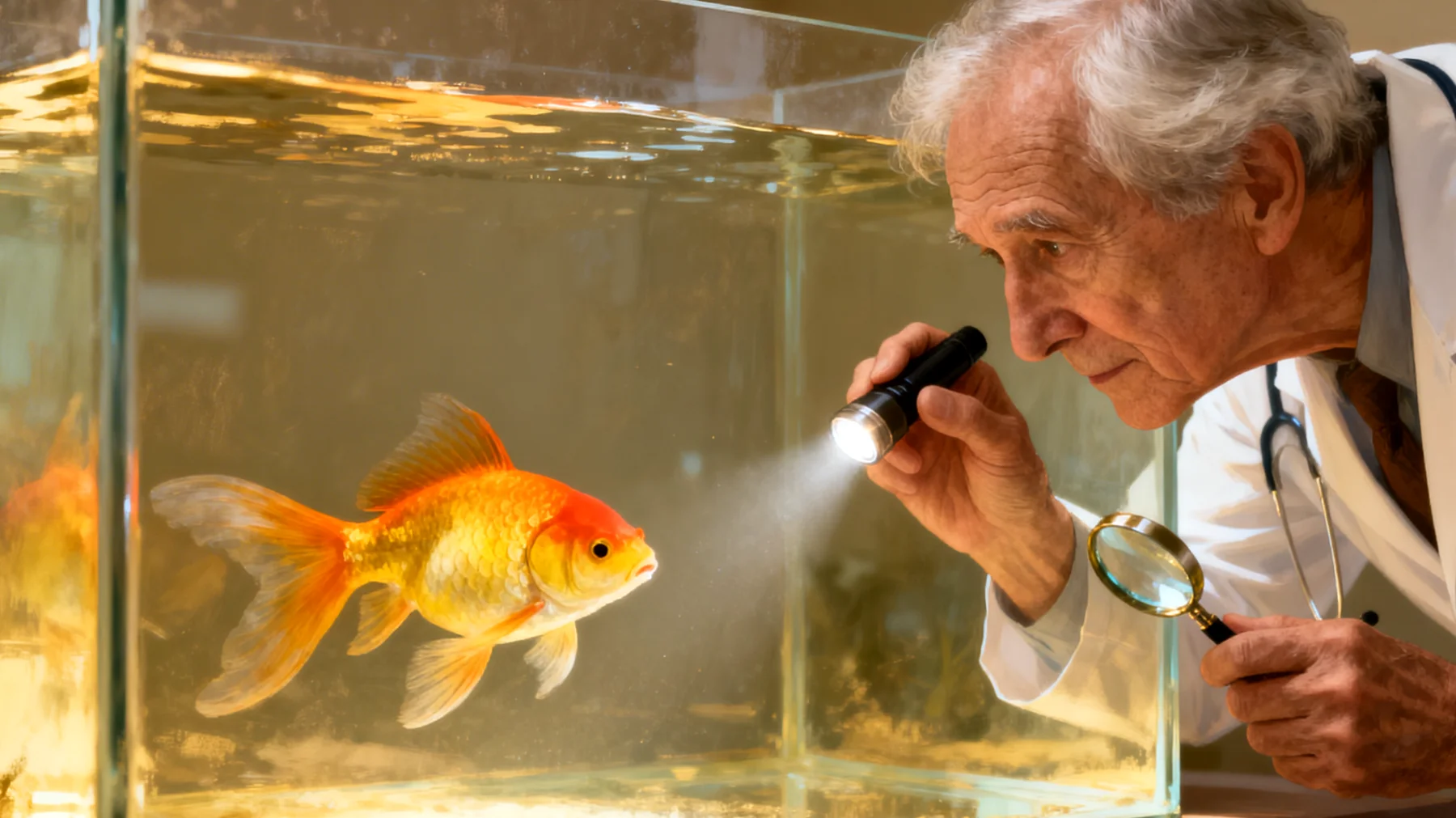 Ältere Fische benötigen häufigere tierärztliche Kontrollen, da sie anfälliger für altersbedingte Krankheiten wie Schwimmblasenstörungen, Tumore, geschwächtes Immunsystem und Organversagen sind, jedoch fehlt oft das Wissen über spezialisierte Aquarien-Tierärzte und altersspezifische Gesundheitsvorsorge"