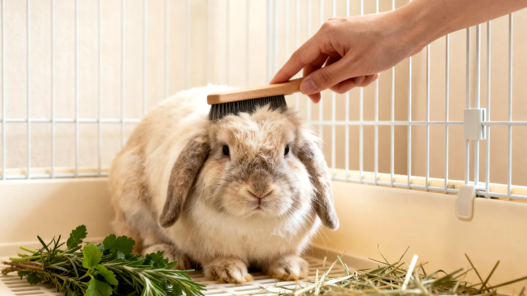 Kaninchen in Wohnungshaltung leiden häufig unter Verdauungsproblemen und Fellproblemen, die mit natürlichen Hausmitteln wie frischen Kräutern, Heu-basierter Ernährung und regelmäßiger Fellpflege gelindert werden können"